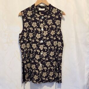 VTG Sue Brett Floral Button Up Blouse Women's L Blue/Purple Check Embroidered